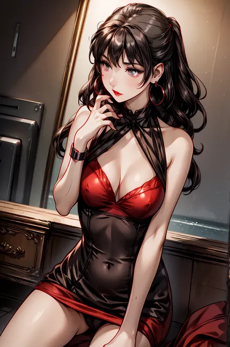 (8K HDR photorealistic pic), Betty Boop, short, althetic, curvy lady, ((tight little red dress)), dark eyebrows, black lipstick, (hoop earrings), dark eyeshadow, black lipstick, curvy, busty, (curly short black hair), shortstack, (retroussé breasts), darli...