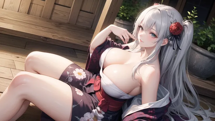 (((masterpiece, best quality))), (((superior quality))), cute girl, ((extremely detailed girl)), ((huge breasts)), yukata, bare shoulders, strapless top, long silver hair, happy