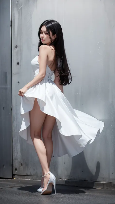 **Beautiful woman with a beautiful face, straight black hair and brown eyes, wears white dress and white Highheels, body shot, photorealistic 