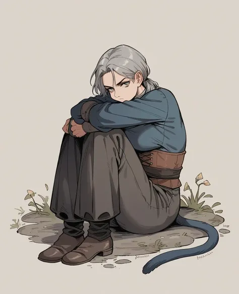 digital anime style, dark gray haired middle aged woman, with tail and cat ear, grey eyes, sorrowful look, serious and cold facial expression, wearing simple medieval rompers, simple medieval long sleeve blouse, simple black medieval pants, shoes half vouc...