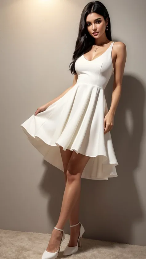 **Beautiful woman with a beautiful face, straight black hair and brown eyes, wears white dress and white Highheels, body shot, photorealistic 