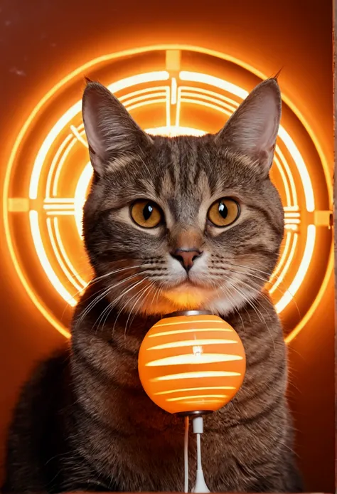 1 gato laranja em um ovni alienigena no estilo de uma capa de album