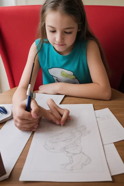 Western, girl 12 years old, sitting at the table in the room and drawing