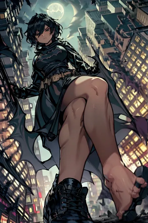 short bkack hair,cropped hoodie,,black thighighs,skirt,goth,menacing,rampage gtsgiga,gtscity,cityscape gotham city,draw strings,...