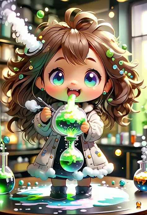 baby chibi mascot, atoms, molecules , disgustingly fun, character features , blind box style and model with popular market style...