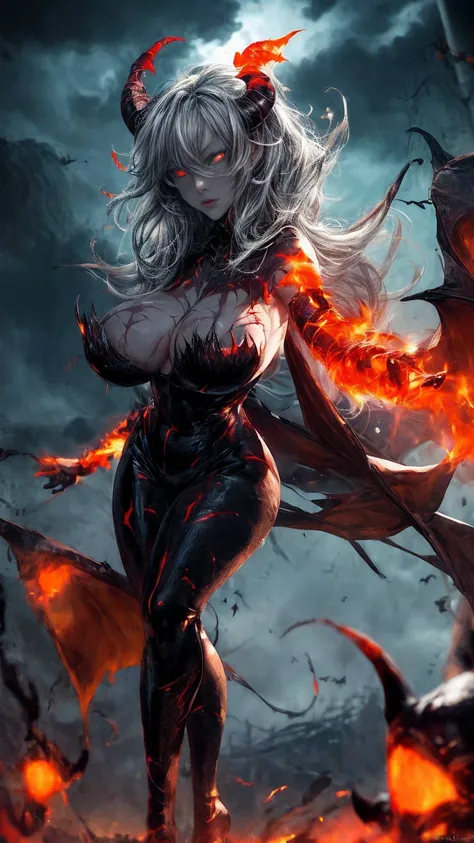 Storyboard, masterpiece, highest quality, dragonlady queen, perfect demoness, long legs, hourglass figure, curvy hips, bright red glowing eyes, detailed eyes (1.4), scars on face, villainous expression, flaming skin body with bioluminescent glowing pattern...