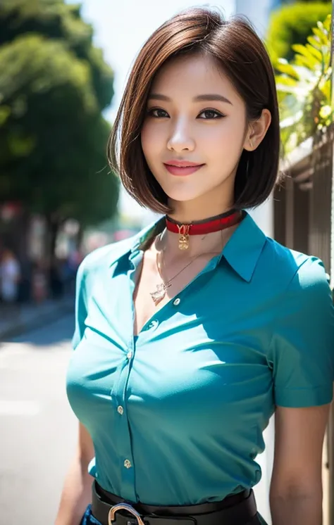 (a tall and pretty Korean lady, age28, kind smile, dimpled cheeks, slender abs, short hair, styish bob hair, side bangs, ponytail, ample bosom, wearing pendant or choker, korean trendy fashion, Upturned collar, button up shirt, red belt, pencil skirt, Toky...