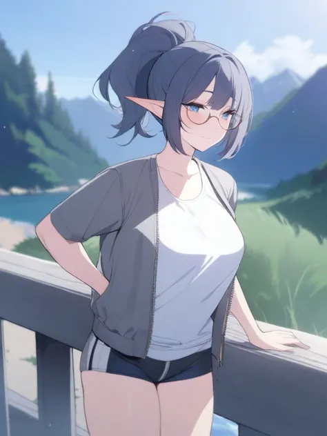 masterpiece, best quality, high quality, beautiful anime character, solo, anime girl with dark blue hair, messy hair, medium length hair, huge ponytail, ponytail, blue eyes, elf ears, slightly big breasts, mature female, tall female, big girl, thick, (calm...