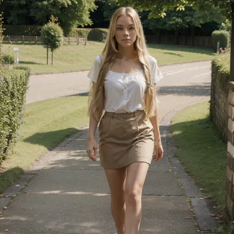 ((best quality)), ((masterpiece)), (detailed), walking in Tunbridge Wells, Kent , England, 1woman, very long blonde hair,  summer time