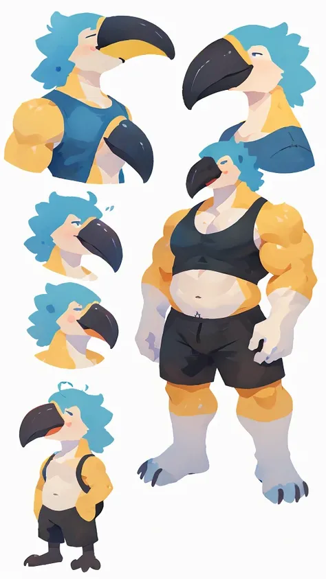 a painted watercolor, reference sheet, cartoon style character design for an anthropomorphic furry male that is characterized by being a Toucan, stocky and thin body, wearing a muscle shirt and black shorts, consistent character, many angles, 100% white ba...