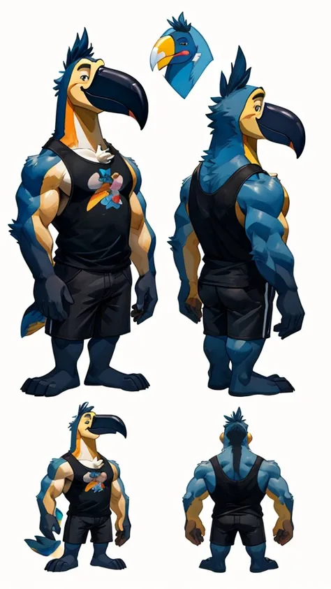 a painted watercolor, reference sheet, cartoon style character design for an anthropomorphic furry male that is characterized by being a Toucan, stocky and thin body, wearing a muscle shirt and black shorts, consistent character, many angles, 100% white ba...