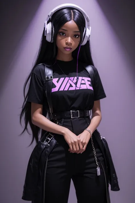 charachter: A black woman with straight, long hair.
badass clothing: She is wearing a black outfit, which can be a dress or a t-shirt and pants.
Accessories: She is wearing a white headset.
fund: The background is light purple, maybe with some soft details...