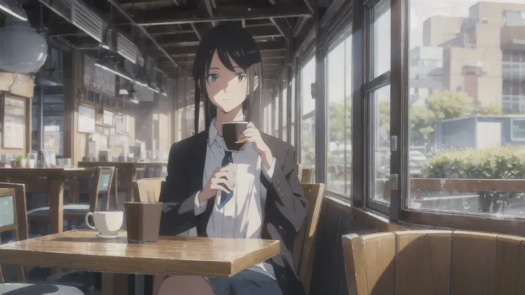 The Wind of Sincerity, anime, After the Rain, Moving visual effects, Natural glare. Wearing a dress shirt and tie,denim, A 20-year-old with a kind face drinking coffee alone at a cafe, Cute woman drinking coffee and listening to music happily,  