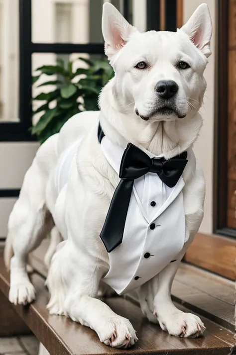 White dog with elegant suit white tie and black suit