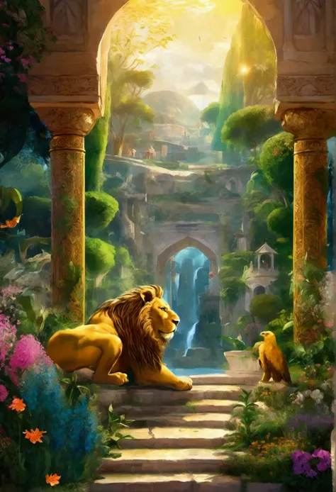 an enchanting scene under a clear blue sky, featuring a golden city with transparent gates and a shining star. In this magical city, depict a lush garden filled with diverse herbs and vibrant flowers.  animals of unprecedented beauty: a yellow fire-maned l...