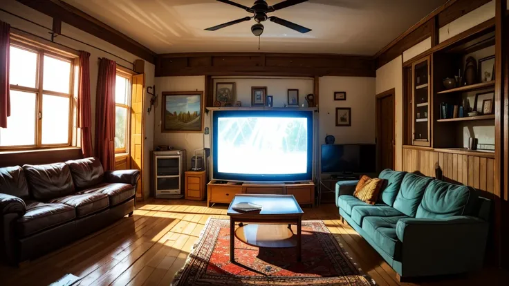 inside a warm and non-modern house with old tv and old sofas, all the stuffs are old but clean, its day time and a god ray is coming inside the house through window.