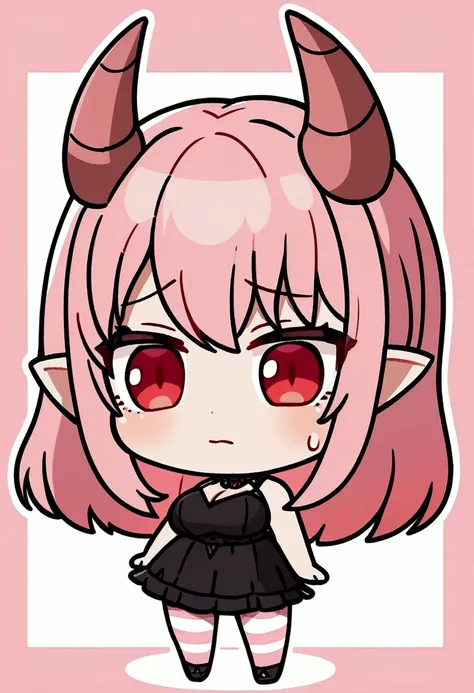 1girl with long pink hair, red eyes, two horns on head, big breasts, short black dress, pink and white striped stockings, shy face, chibi style