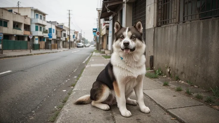 Create a high-quality, professional image of a sad Akita dog sitting alone on a deserted street. The dog should have a sorrowful expression, with its head slightly lowered and eyes looking forward with a sense of longing and confusion. The background shoul...