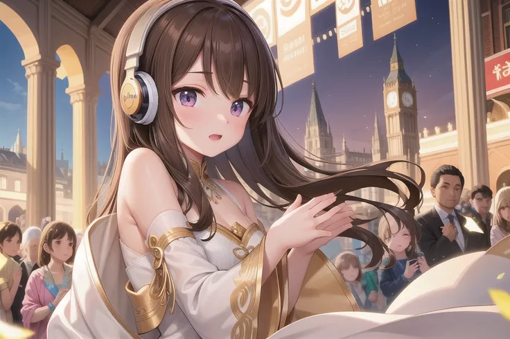 Beauty DJ，headphone，Distant shots，Godley，Brown Hair，Delicate fingers，Five Fingers，Delicate facial features，wearing gorgeous costume，Outdoor festival venue，Perfect buildings，From the audience&#39;s perspective，4K，masterpiece，high quality，