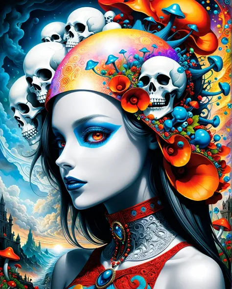 in style of American McGee,in style of David Sims, 1girl,protogen visor ghostwhite,Profile，90 degree tilt of neck，Face up，Oblique composition looking at viewer，
A kaleidoscopically swirling fusion of psychedelic, surreal, and otherworldly elements dominate...