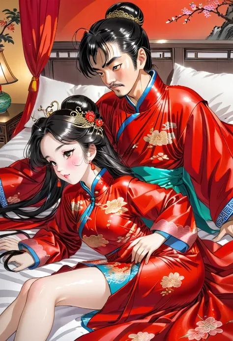 highly shiny embroidery、princess in a cheongsam with a crumpled red long-sleeved raincoat、having sex with the emperor while writ...