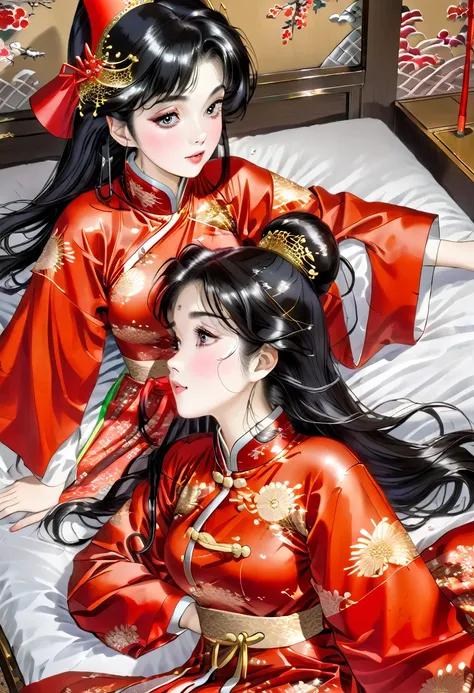 highly shiny embroidery、princess in a cheongsam with a crumpled red long-sleeved raincoat、having sex with the emperor while writ...