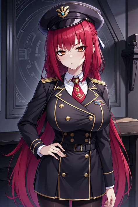 braided hair、braided hair,red-eyes,black-hair,bainded-hair,Braided Hair、long-hair,yellow-eyes,big-breast army-suit, white-armysuit-suit,black-pantyhose,mini-skirt,23 years old,older sister、Ultra-high resolution、Ultra HD,Braided Hair、red-tie,standing,milf,w...