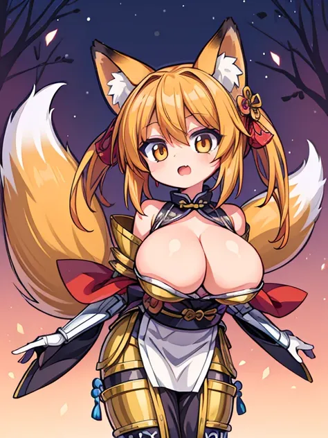 (fox girl:1.2), (solo:1.2), (pixiv masterpiece:1.2), (metal armor kimono:1.2), (medieval fantasy town:1.0), (huge tits:1.2)