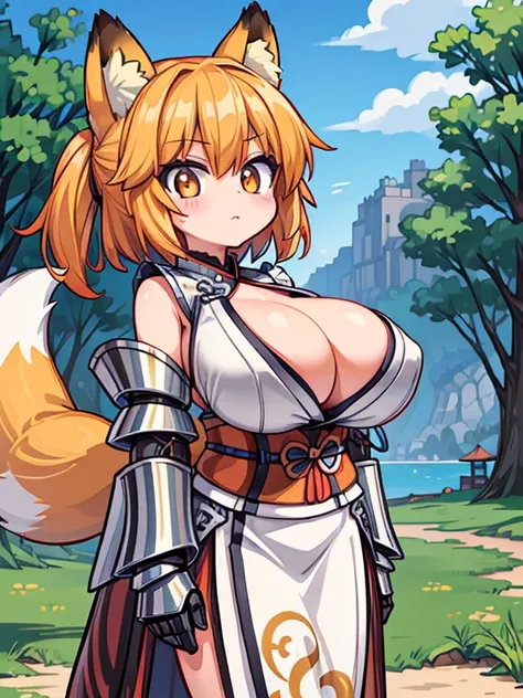 (fox girl:1.2), (solo:1.2), (pixiv masterpiece:1.2), (metal armor kimono:1.2), (medieval fantasy town:1.0), (huge tits:1.2)