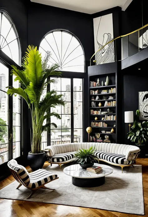 RAW photograph, Ultra Wide Angle, 16mm lens, whole room, contemporary living room with black walls, como Kelly Wearstler, very light wooden floor, large contemporary white linen armchair, huge black and white striped curved sofa, fireplace, large brutalist...