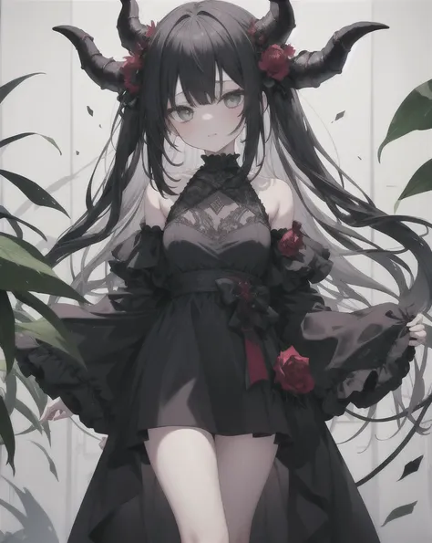 one girl,alone,grim aloe,devil horns, black_dress,are standing,cowboy shot,  devil&#39;s wings, albino,wicked smile, mischievous...