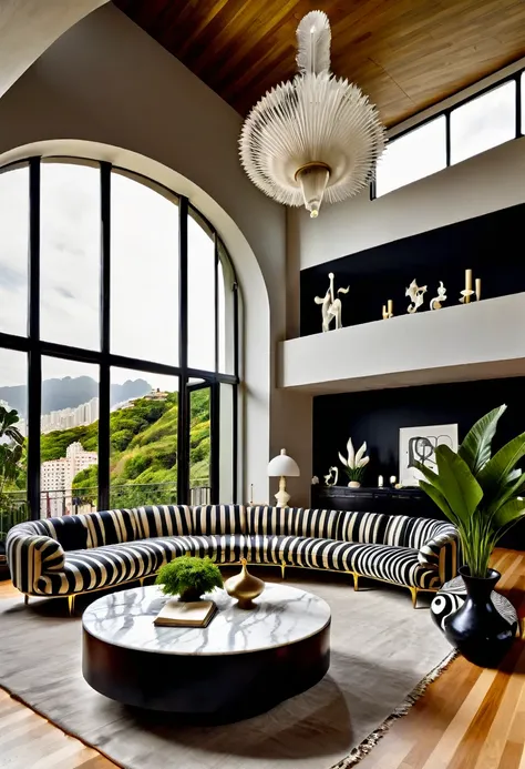 RAW photograph, Ultra Wide Angle, 16mm lens, whole room, contemporary living room with black walls, como Kelly Wearstler, very light wooden floor, large contemporary white linen armchair, huge black and white striped curved sofa, fireplace, large brutalist...