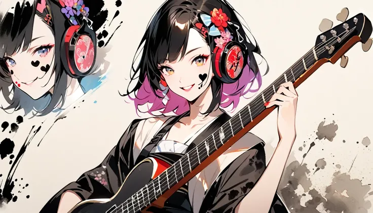 Fashion portrait color photos, (((Ink Painting))), (((1 girl))), (((Heart tattoo on face))), (((Gorgeous hair accessories))), Japanese style headphones, (((guitar bass))), Japanese Beauty, Black Hair, smile