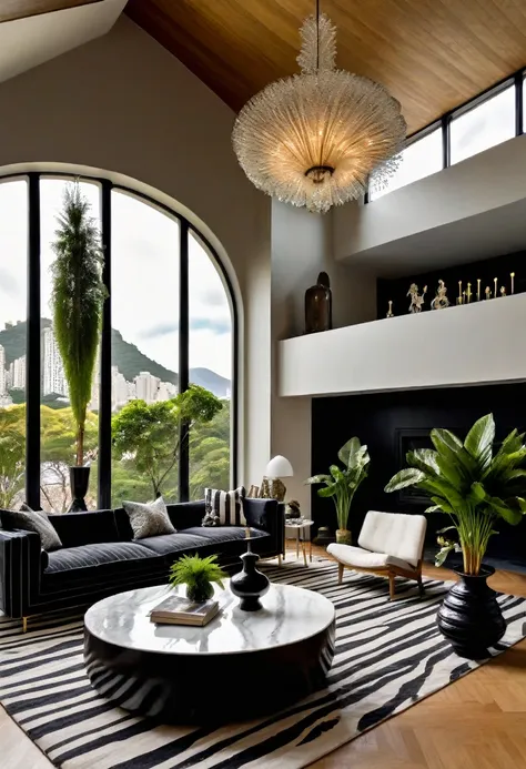 RAW photograph, Ultra Wide Angle, 16mm lens, whole room, contemporary living room with black walls, como Kelly Wearstler, very light wooden floor, large contemporary white linen armchair, huge black and white striped curved sofa, fireplace, large brutalist...