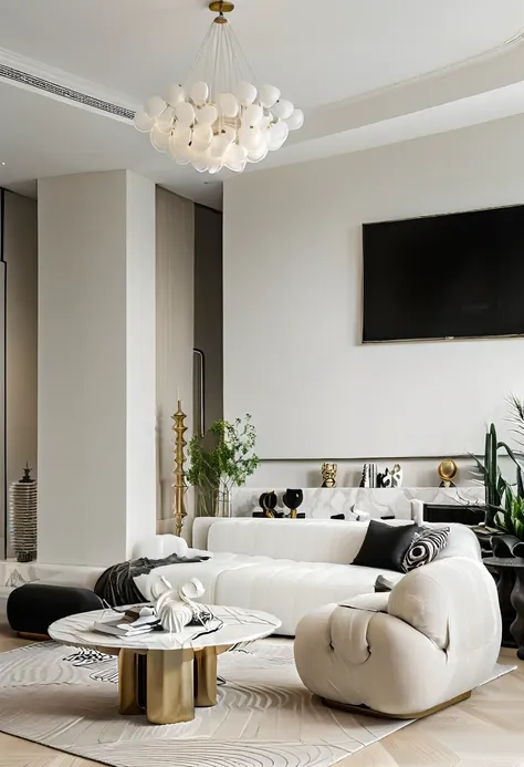 RAW photograph, Ultra Wide Angle, 16mm lens, whole room, contemporary living room with black walls, como Kelly Wearstler, very light wooden floor, large contemporary white linen armchair, huge black and white striped curved sofa, fireplace, large brutalist...