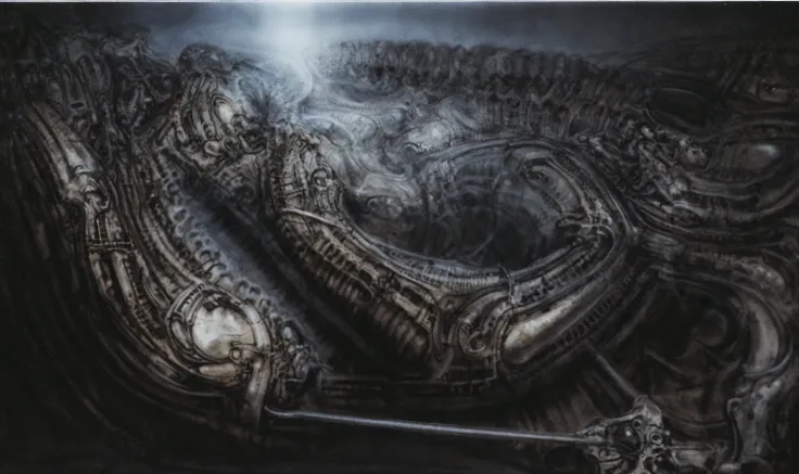 xgiger, the image is a detailed view of h.r. giger's biomechanical tableau \" landscape no 312 \" plate, featuring
a complex, in...