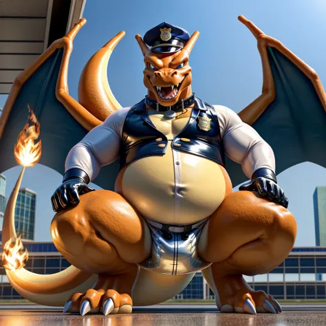 Solo, Male, fat, squatting, extremely obese, gentleman, dapper Charizard, pooping in diaper, blue eyes, (soft shading), 4k, hi res, ((detailed face, detailed)), looking at viewer, evil grin, Airport, TSA, TSA Uniform, collared shirt with buttons, hat, male...