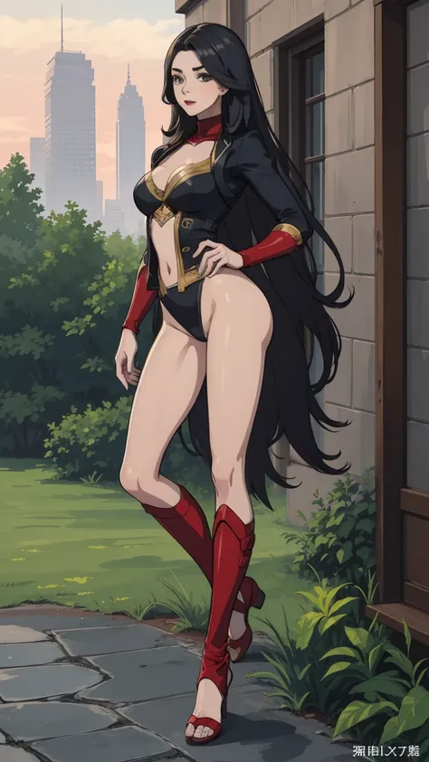 ((full body photo, standing, feet on the ground)) (Adriana Lima :1.1) Red lips, green eyes, ((full body photo, standing, feet on the ground)) Wonder Woman stands imposingly in a city from Themyscira. The scenery is lush. The camera details everything, a wa...