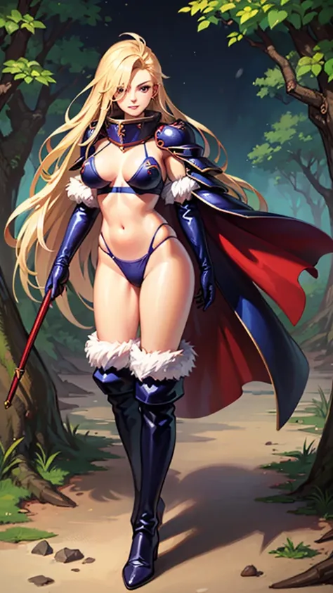 1girl, (deladelon:1.4), 25 years old, blonde long hair, large breasts, earrings, navy blue bikini armor, pauldrons, elbow gloves with fur trim, thigh boots with fur trim, magic wand, cape, full body