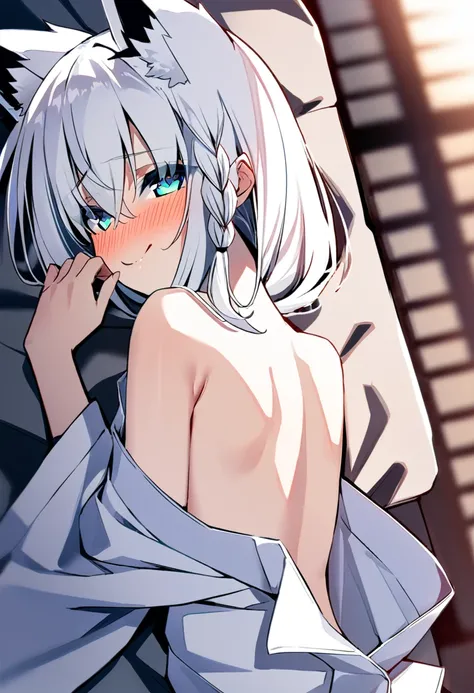 one girl, Shirakami Fubuki, fox ears, white hair, yukata, lying on futon, from above, shy, look at me, love me, naughty mood, upperbody focus, off shoulder, heart mark, kissing face