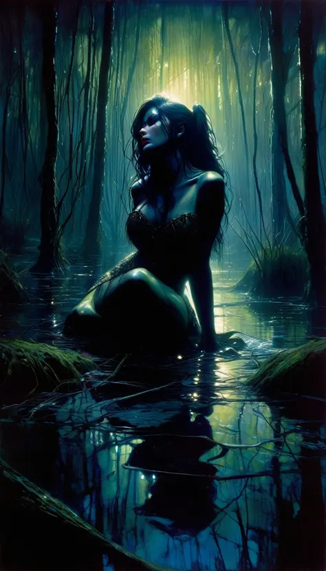 reflections, horror, breakage, sadness, loneliness, a sexy monster girl in the dark swamp oil painting, chiaroscuro, sensual, dramatic lighting, moody atmosphere, photorealistic, intricate details, masterpiece, ultra-detailed, high quality, 8k, best qualit...