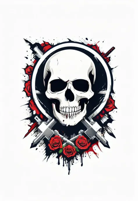 Skull design logo design for a rock band, punk, close-up of guns and roses, rockabilly,, t-shirt design,chunky style,design only,white background,no template,professional,high contrast,high resolution, Ultra-detailed, vivid colors, metallic details, sharp ...