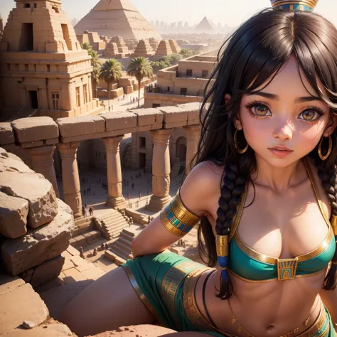 Cute Ancient Egyptian Girl、A hill overlooking the colorful temples of ancient Egypt、A colorful view of the whole city