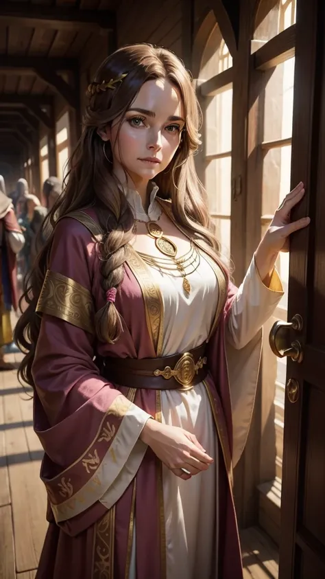 medieval fantasy, priestess in her late 40s, warm and welcoming presence, long wavy ((brown hairs)), pink and gold (ribbons), ge...