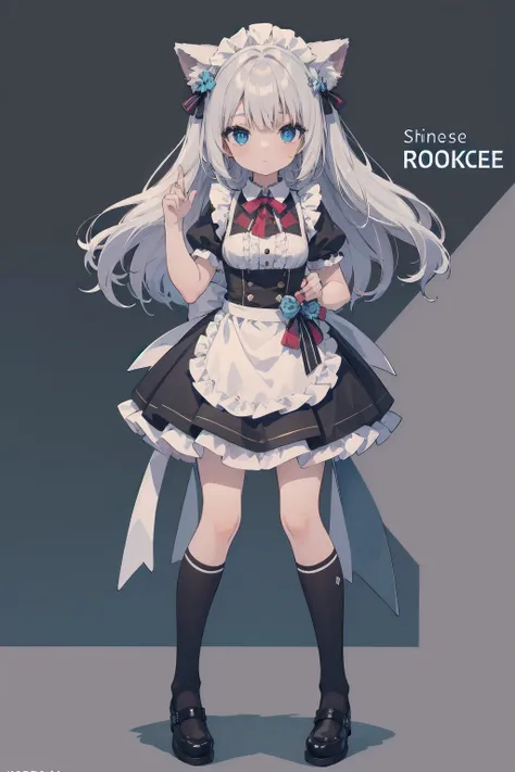 (Animal ears), Light silver hair, blue eyes, Wearing a maid cosplay costume with a skirt and knee socks, Full body pose,Indifferent expression, (masterpiece), (Highest quality), (非常にdetailedな), more_detailed:-1, more_detailed:0, more_detailed:0.5, more_det...