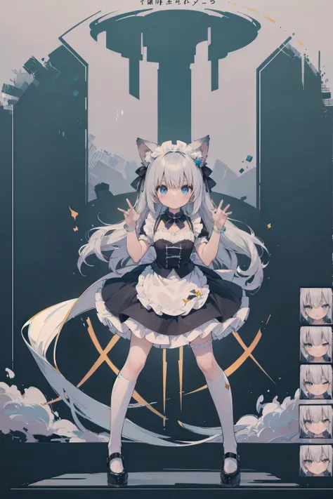 (Animal ears), Light silver hair, blue eyes, Wearing a maid cosplay costume with a skirt and knee socks, Full body pose,Indifferent expression, (masterpiece), (Highest quality), (非常にdetailedな), more_detailed:-1, more_detailed:0, more_detailed:0.5, more_det...