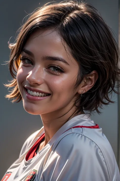 (grey background:1.5, close shot:1), (photorealistic:1.4), (best quality:1.0), (ultra highres:1.0), 8k, RAW photo, (masterpiece:0.2), 1girl, beautiful skin, detailed skin, big smile, teeth, (short hair:1), (soccer uniform:1.2)