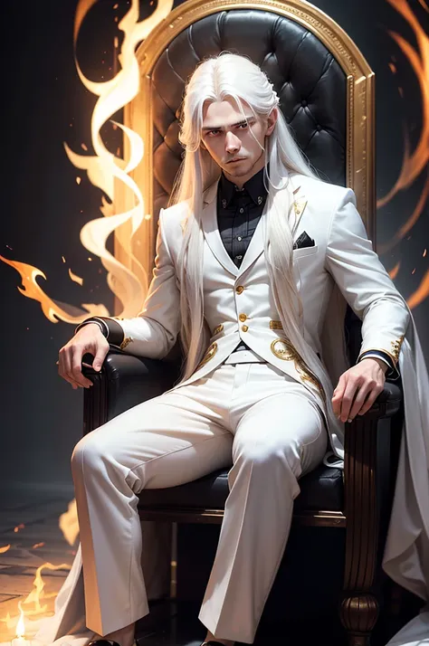 man, twenty eight years old, white long hair, wearing white suit, black pants, strong body, serious face, hands crossed, sitting on a throne, dim light, flames around, golden eyes