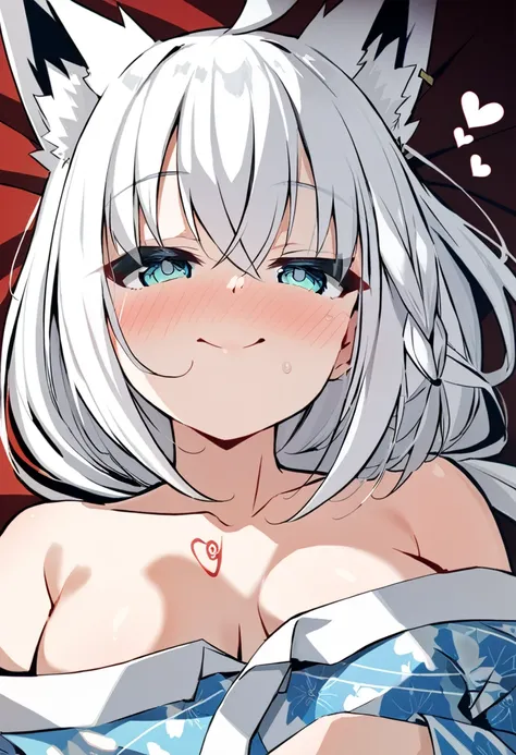 one girl, Shirakami Fubuki, fox ears, white hair, yukata, lying on futon, from above, look at me, love me, naughty mood, upperbody focus, off shoulder, heart mark, kissing face