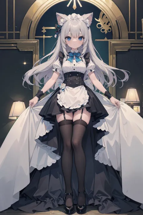 (Animal ears), Light silver hair, blue eyes, Wearing a maid cosplay costume with a skirt and knee socks, Alluring thighs, Full body pose,Indifferent expression, (masterpiece), (Highest quality), (非常にdetailedな), more_detailed:-1, more_detailed:0, more_detai...